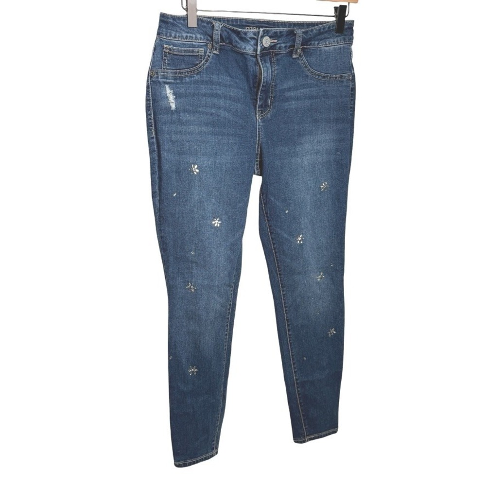 Maurices High Rise Skinny Jeans 6 Blue Floral Rhinestone Embellished Denim Bling